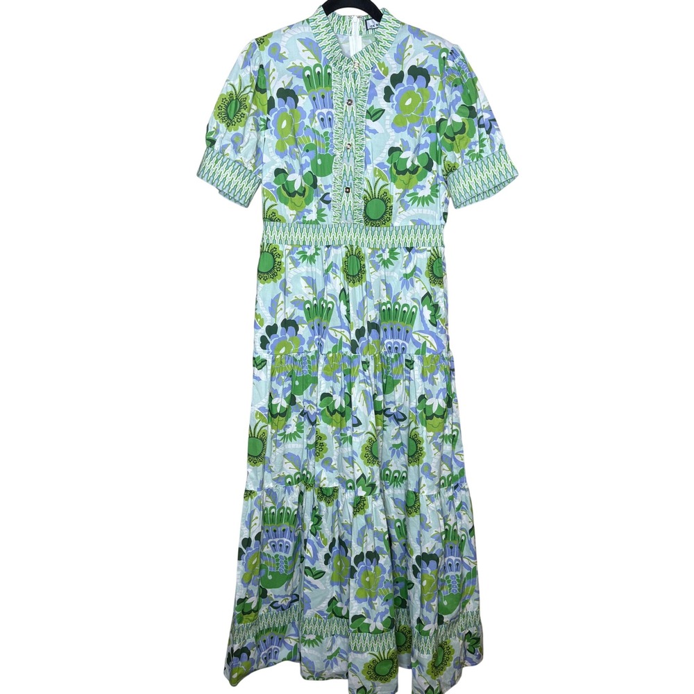CK Bradley Womens Floral Cotton Tiered Maxi Dress Green Blue Size M Pockets